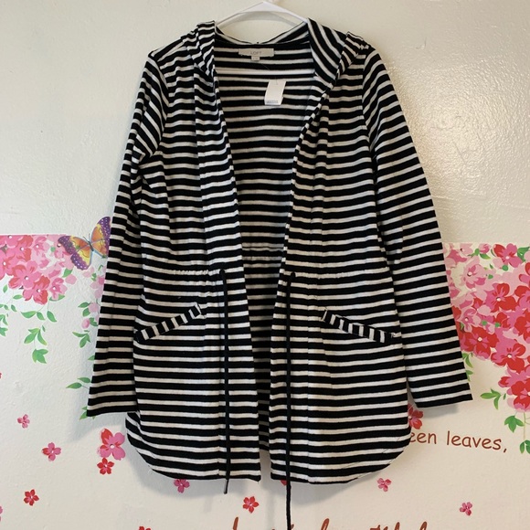 LOFT Sweaters - LOFT NAVY STRIPED DRAWSTRING CARDIGAN NWT SZ M
